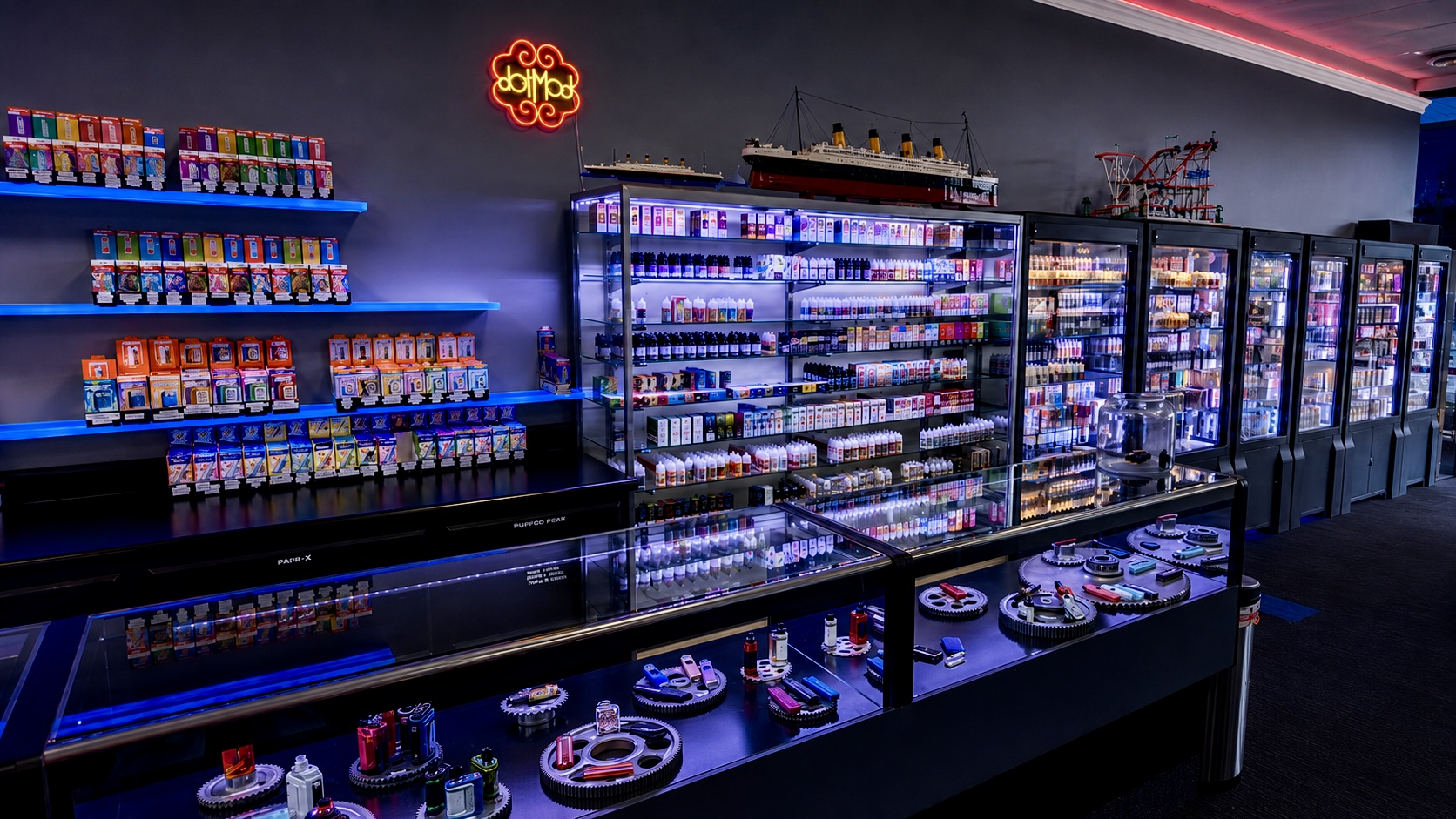 Vapor Outlet shop interior with shelf-edge LEDs